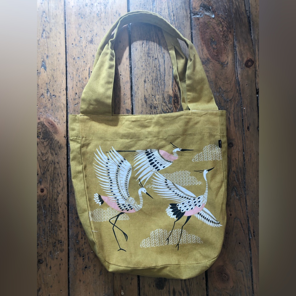 Mustard Crane Print Canvas Tote Bag danica studio